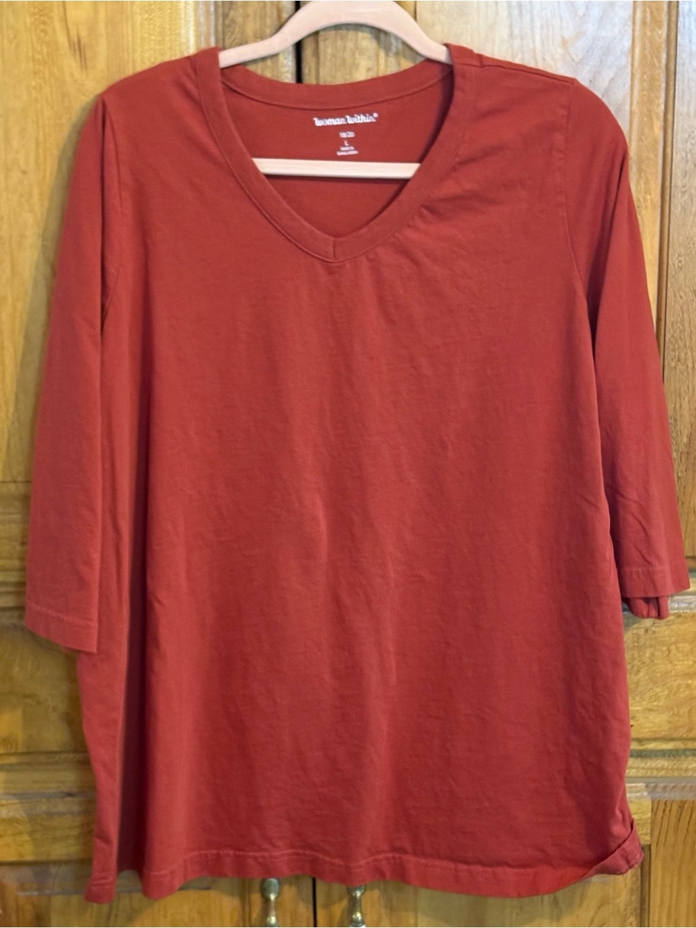 Woman Within 3/4 Sleeve V-Neck Tee in Red Ochre 18/20